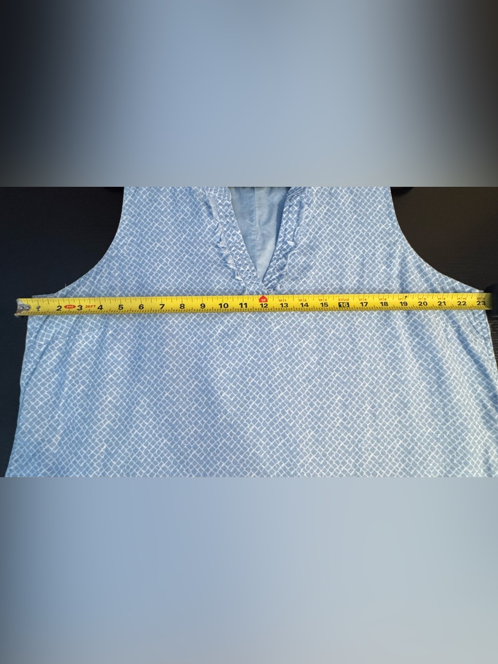 Tommy Bahama 100% Linen Shift Dress XL Blue White Print Pockets Fringe Trim - Picture 6 of 8